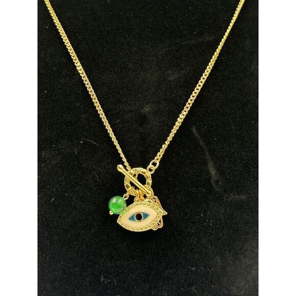 Gold Tone Evil Eye Jadeite Bead Heart Hasma Rhinestone Luck Charm Necklace 24” - Picture 2 of 7